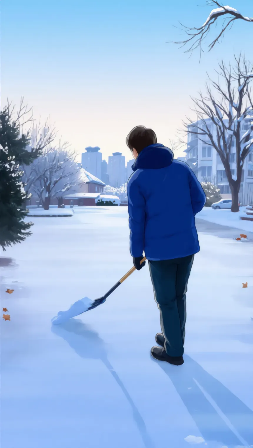 Mitarbeiter räumt mit dem Schneeschieber den Gehweg vor einem Wohnhaus im Winter