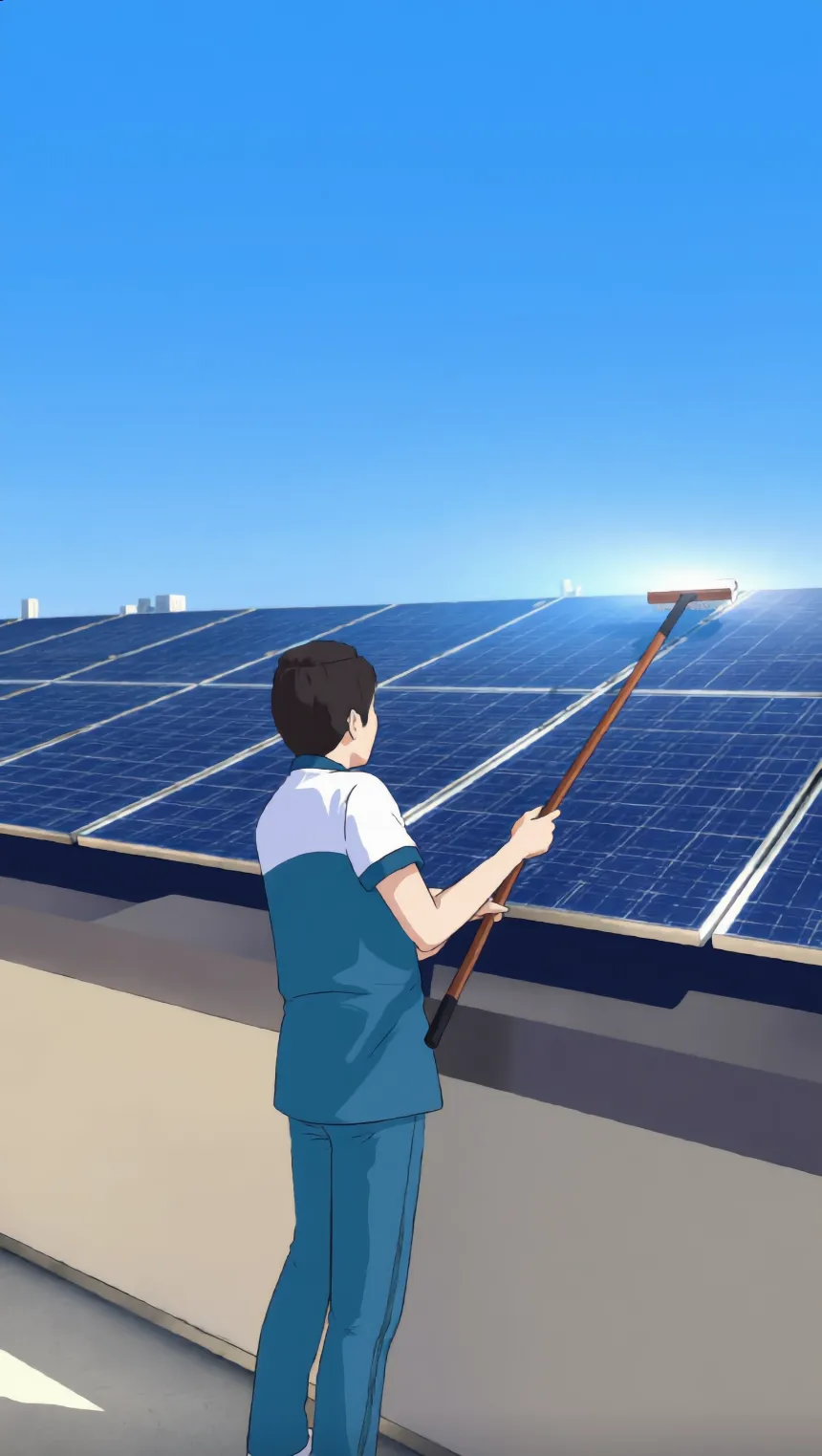 Reinigungskraft reinigt Solarmodule auf einem Flachdach mit einer Teleskopbürste, blauer Himmel