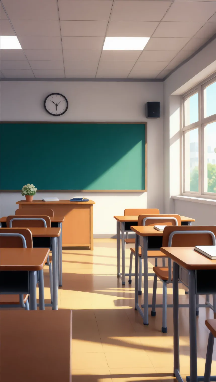 Klassenraum mit Tischen, Tafel und gewischtem Boden